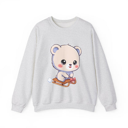 Kawaii Polar Bear Sweatshirt, Cute Sledding Cub Crewneck