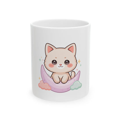 Kawaii Cat Mug, Cute Moon Cat Gift for Cat Lovers