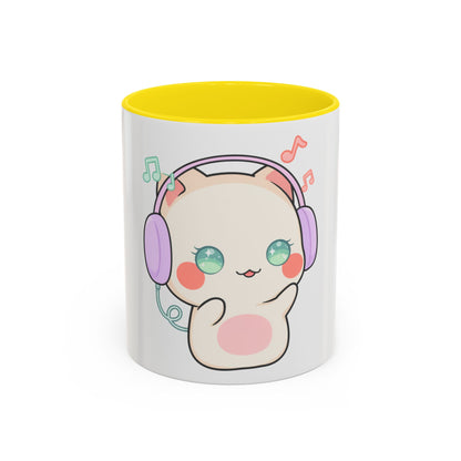 Kawaii Cat Coffee Mug, Music Lover Accent Ceramic Mug