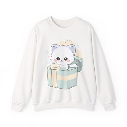 Kawaii Arctic Fox Sweatshirt, Cute Gift Box Fox Crewneck
