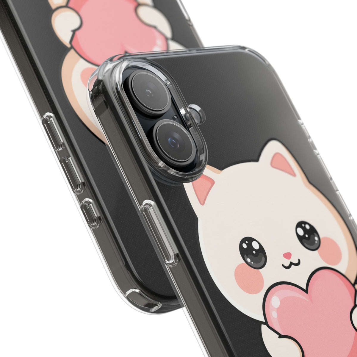 Kawaii Cat Phone Case with Heart, Clear Impact-Resistant