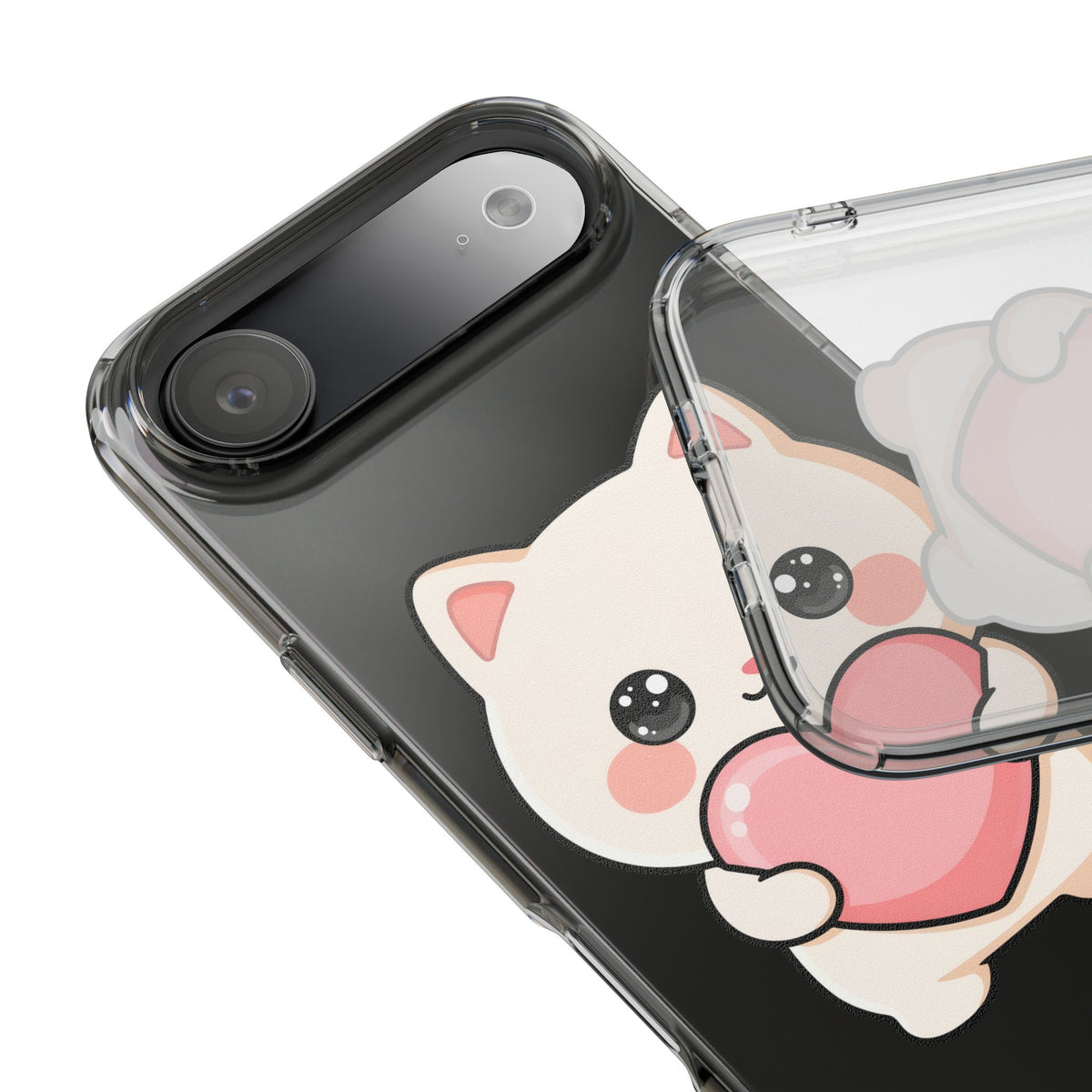 Kawaii Cat Phone Case with Heart, Clear Impact-Resistant