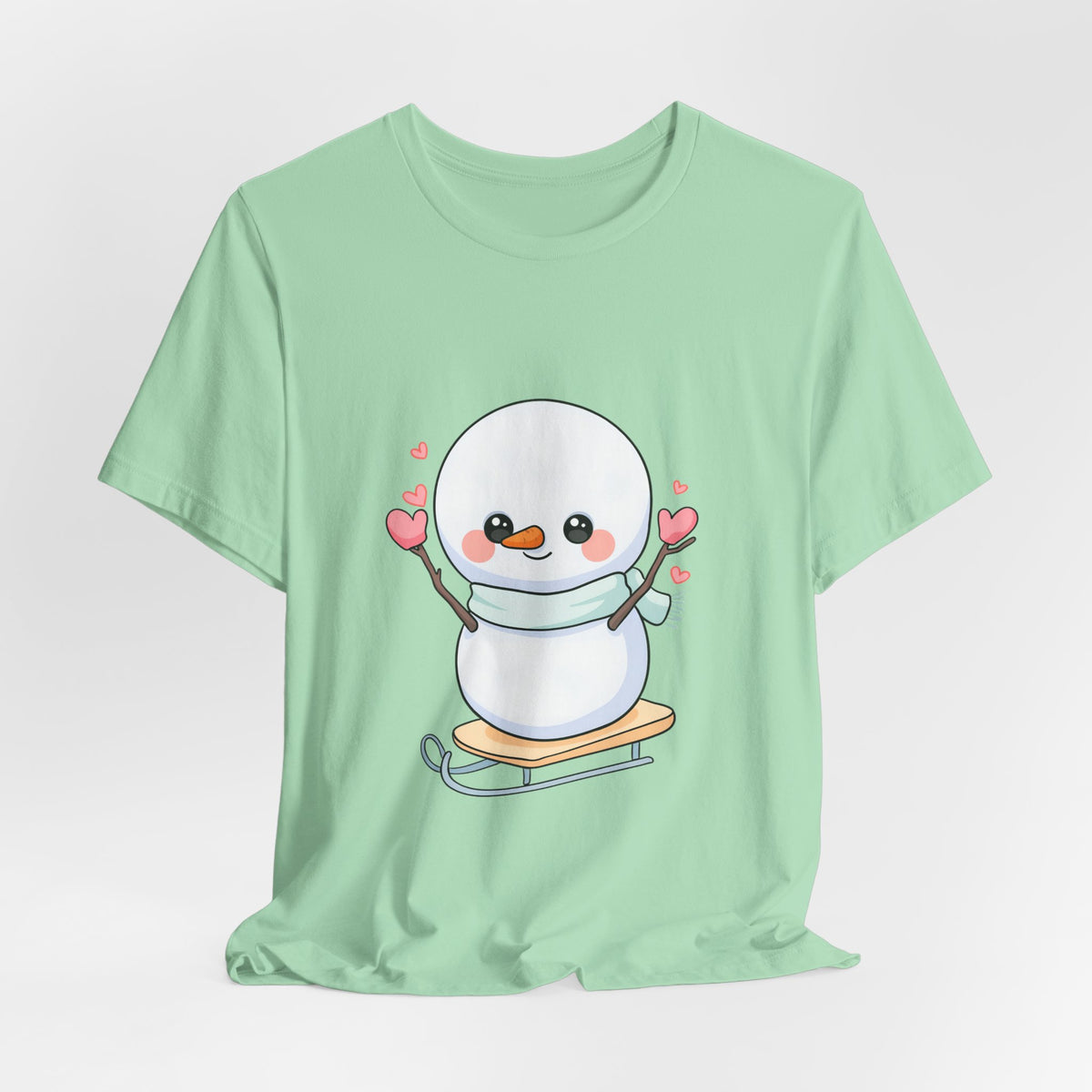 Kawaii Snowman T-Shirt, Cute Winter Sledding Tee