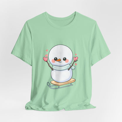 Kawaii Snowman T-Shirt, Cute Winter Sledding Tee
