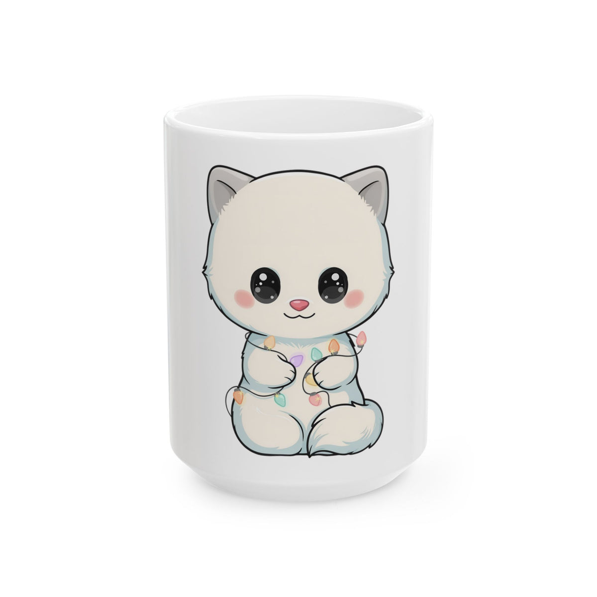Arctic Fox Mug with Fairy Lights, Cute Kawaii Ceramic Cup