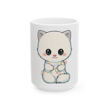 Arctic Fox Mug with Fairy Lights, Cute Kawaii Ceramic Cup
