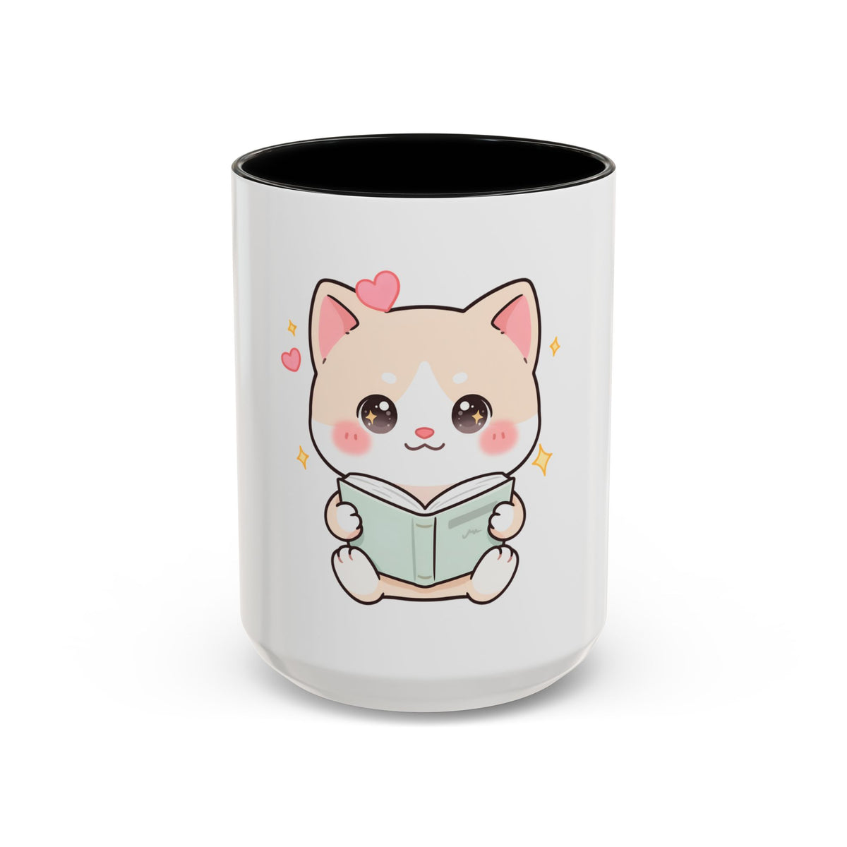 Kawaii Cat Reading Mug, Cute Book Lover Accent Coffee Mug
