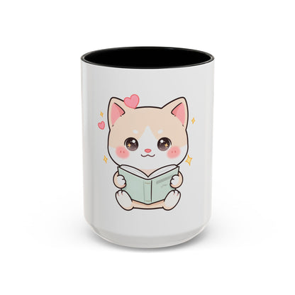 Kawaii Cat Reading Mug, Cute Book Lover Accent Coffee Mug