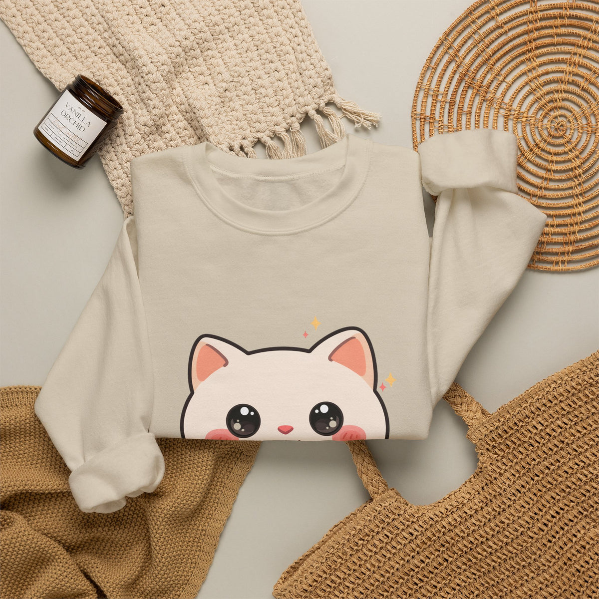 Kawaii Latte Cat Sweatshirt, Cute Chibi Coffee Cat Crewneck