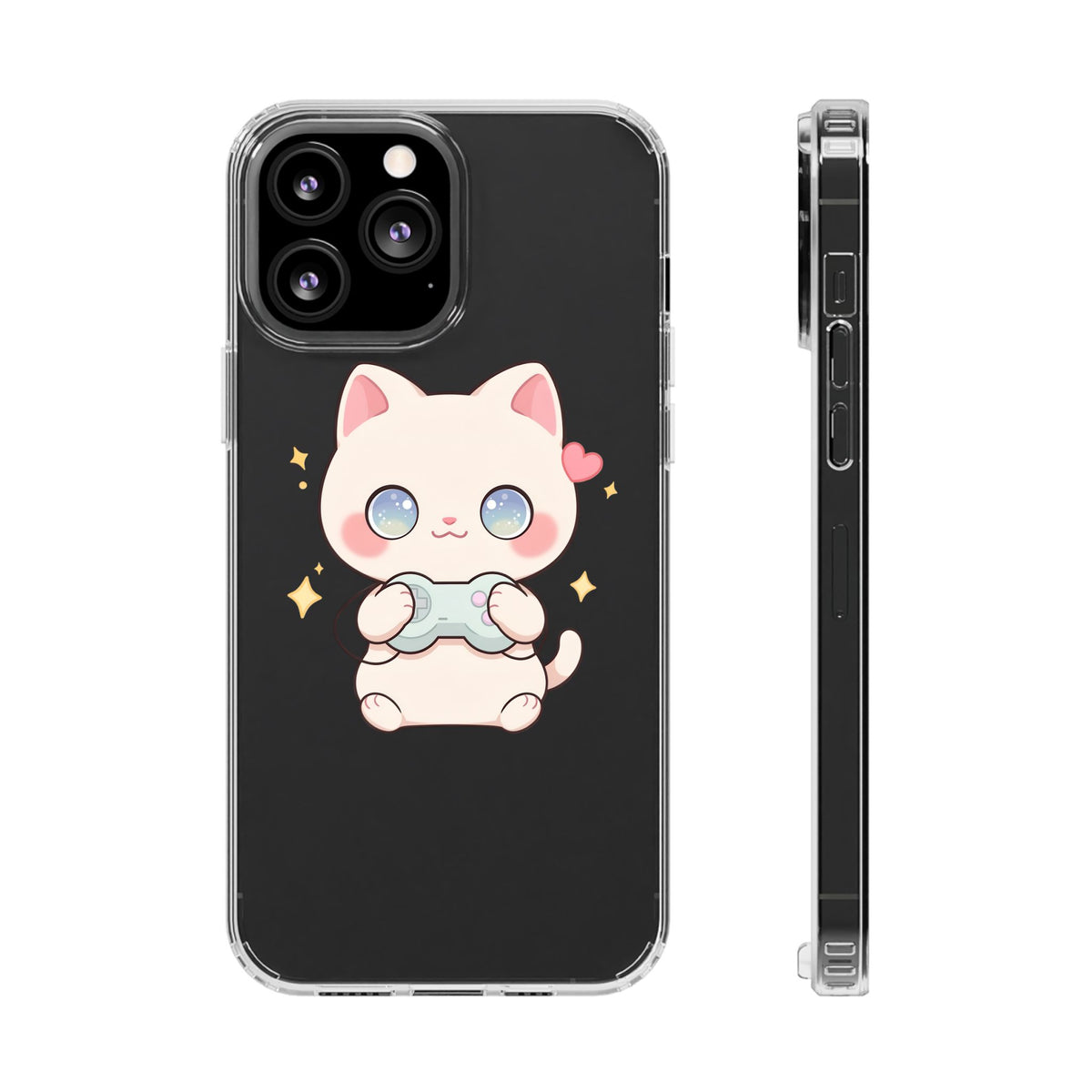 Kawaii Gamer Cat Clear Phone Case for Gaming Fans