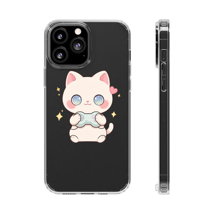 Kawaii Gamer Cat Clear Phone Case for Gaming Fans