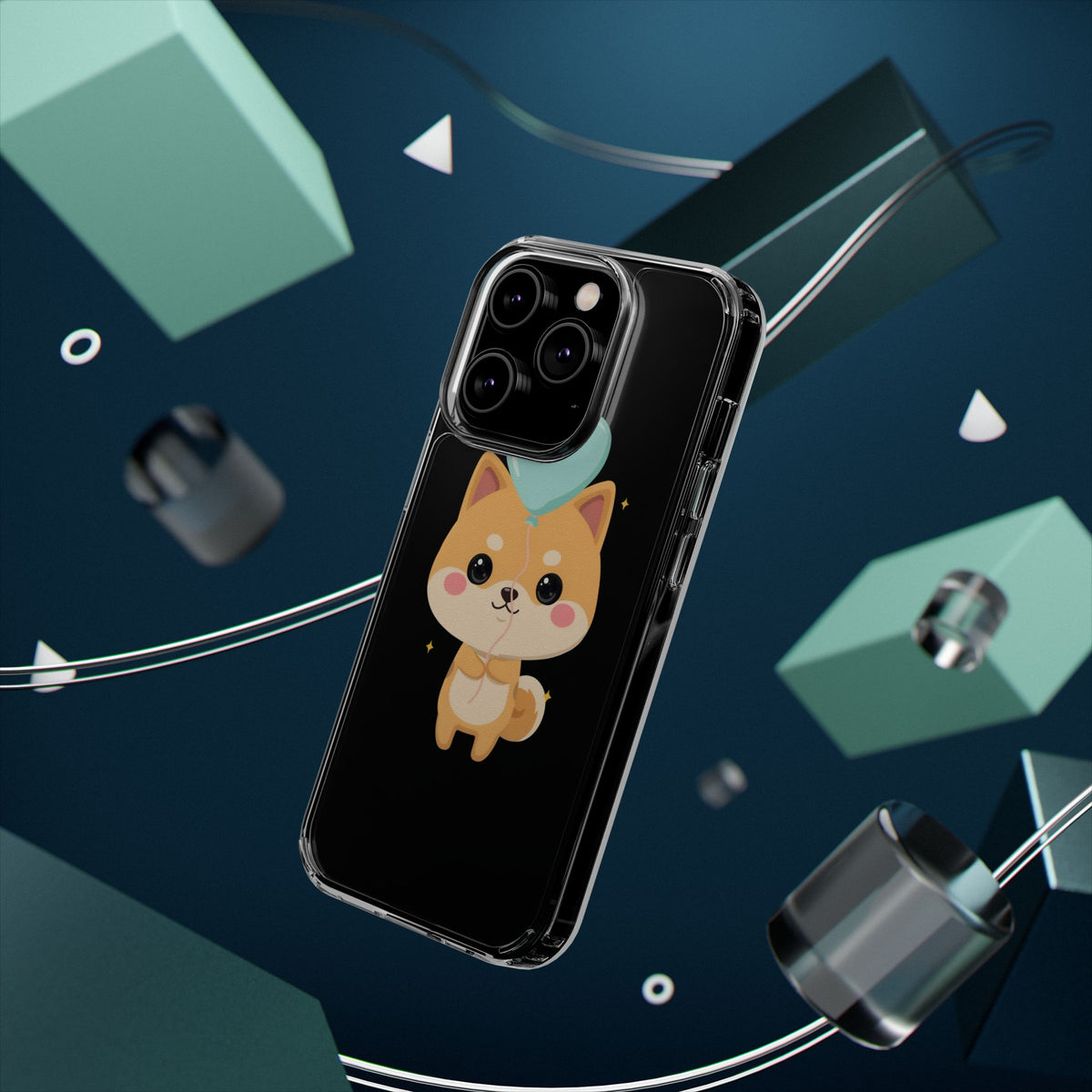 Kawaii Shiba Inu Clear Phone Case with Heart Balloon