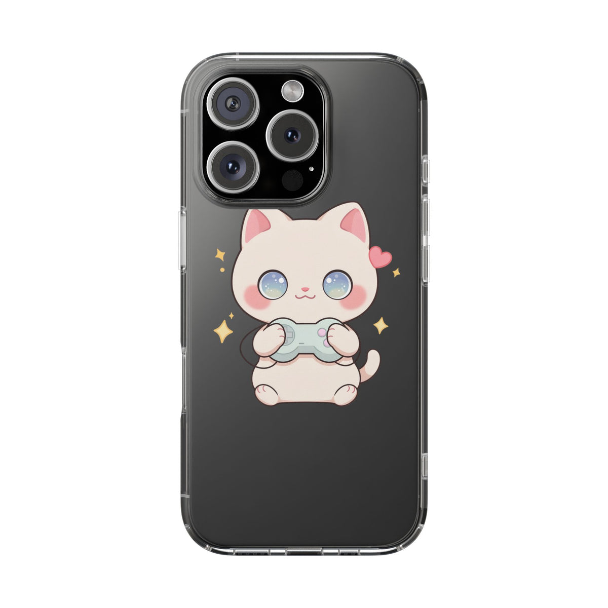 Kawaii Gamer Cat Clear Phone Case for Gaming Fans