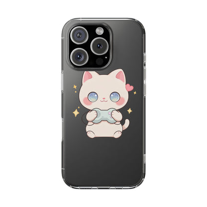 Kawaii Gamer Cat Clear Phone Case for Gaming Fans