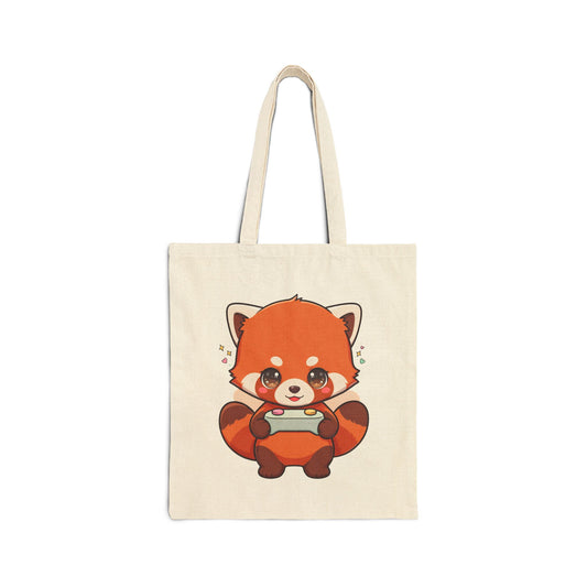 Red Panda Gamer Tote Bag, Cute Kawaii Cotton Canvas
