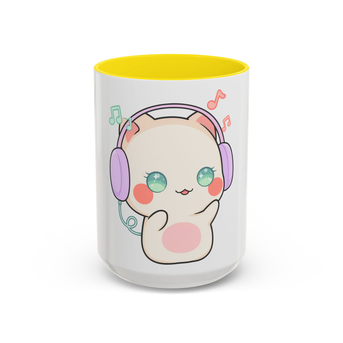 Kawaii Cat Coffee Mug, Music Lover Accent Ceramic Mug