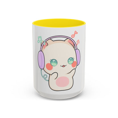 Kawaii Cat Coffee Mug, Music Lover Accent Ceramic Mug