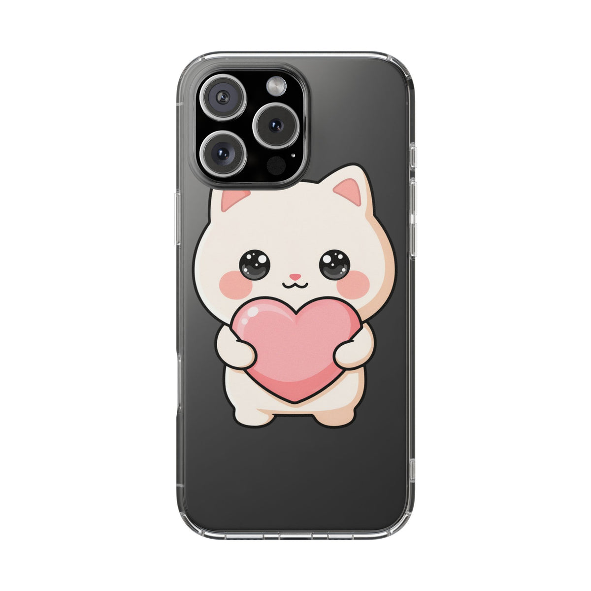 Kawaii Cat Phone Case with Heart, Clear Impact-Resistant
