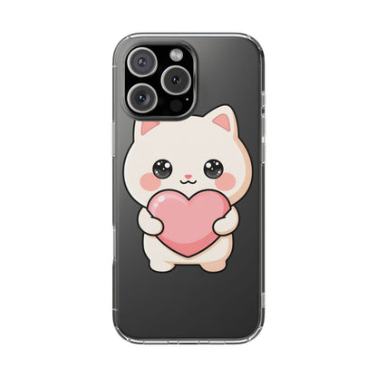 Kawaii Cat Phone Case with Heart, Clear Impact-Resistant
