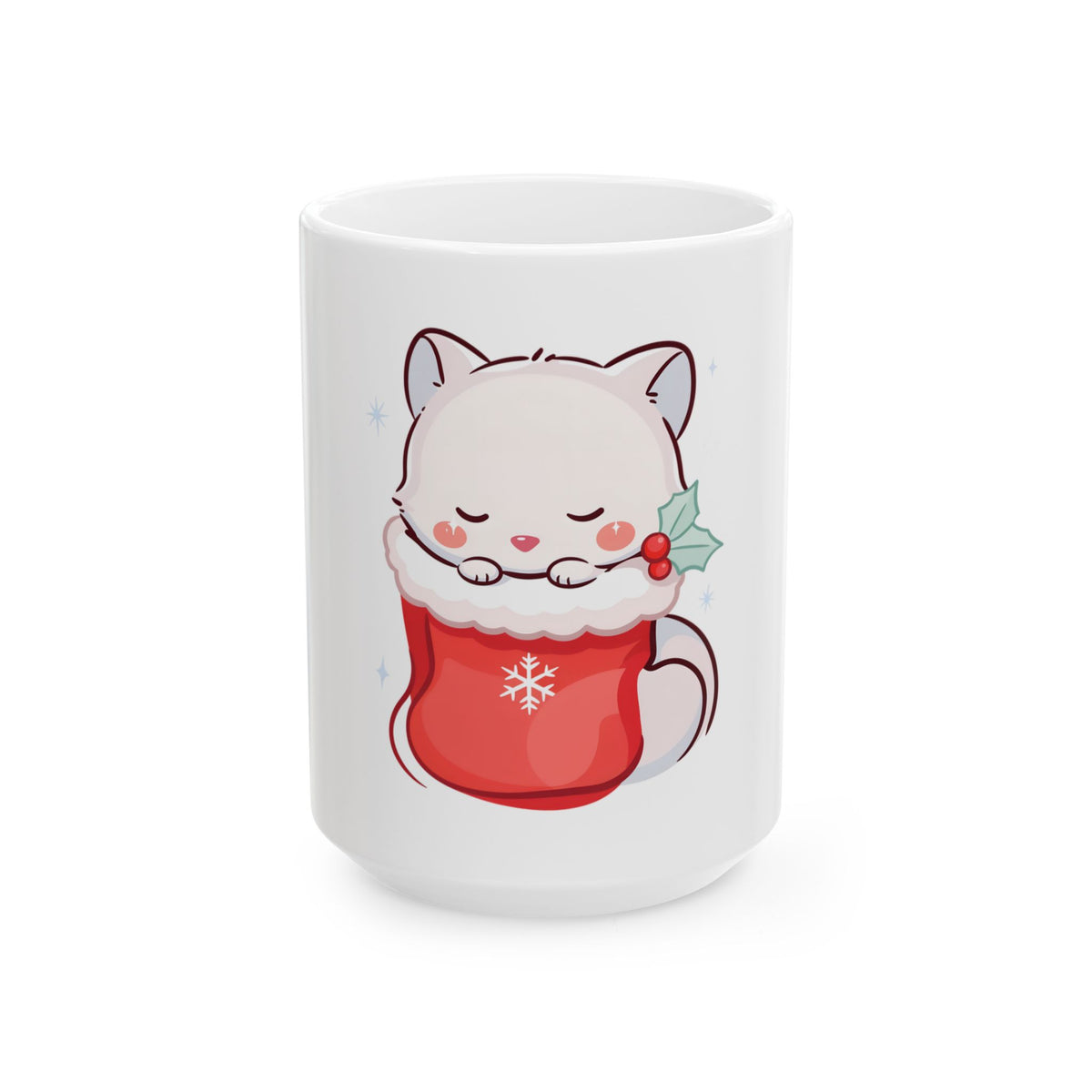Christmas Fox Mug, Kawaii Arctic Fox in Stocking
