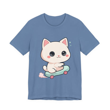 Kawaii Skateboarding Cat T-Shirt – Cute Chibi Kitty Tee