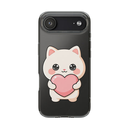 Kawaii Cat Phone Case with Heart, Clear Impact-Resistant