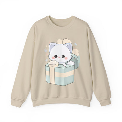 Kawaii Arctic Fox Sweatshirt, Cute Gift Box Fox Crewneck