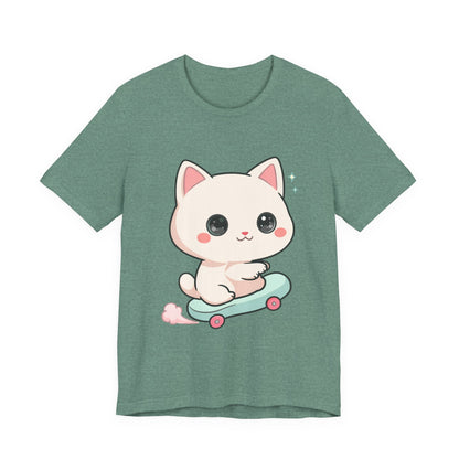 Kawaii Skateboarding Cat T-Shirt – Cute Chibi Kitty Tee