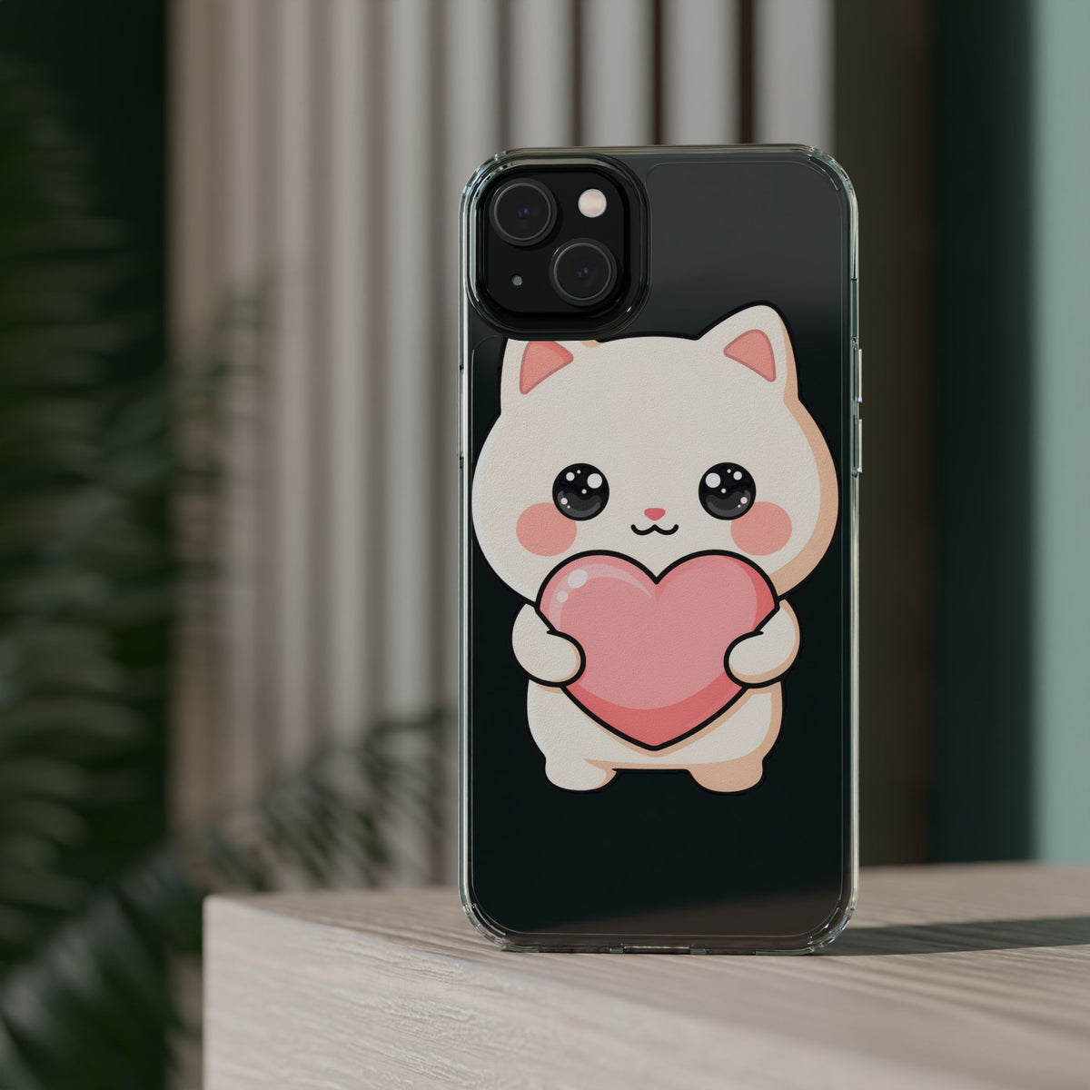 Kawaii Cat Phone Case with Heart, Clear Impact-Resistant