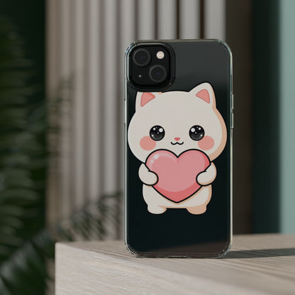 Kawaii Cat Phone Case with Heart, Clear Impact-Resistant