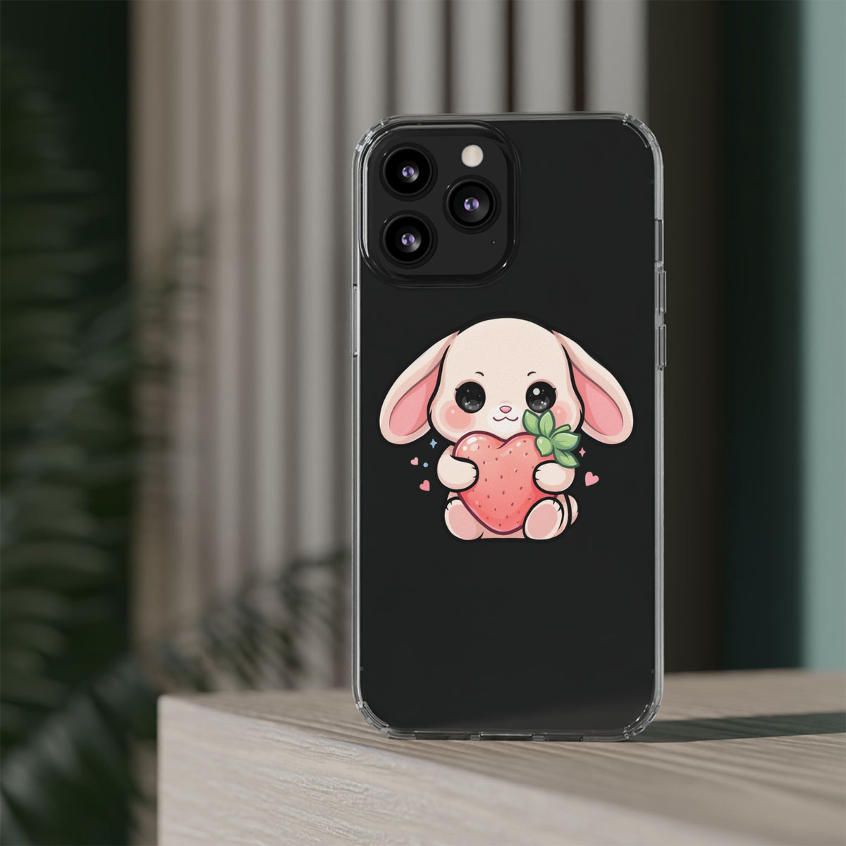 Kawaii Bunny Strawberry Phone Case, Clear Impact-Resistant