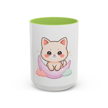 Kawaii Cat Moon Accent Coffee Mug, Cute Cat Lover Gift