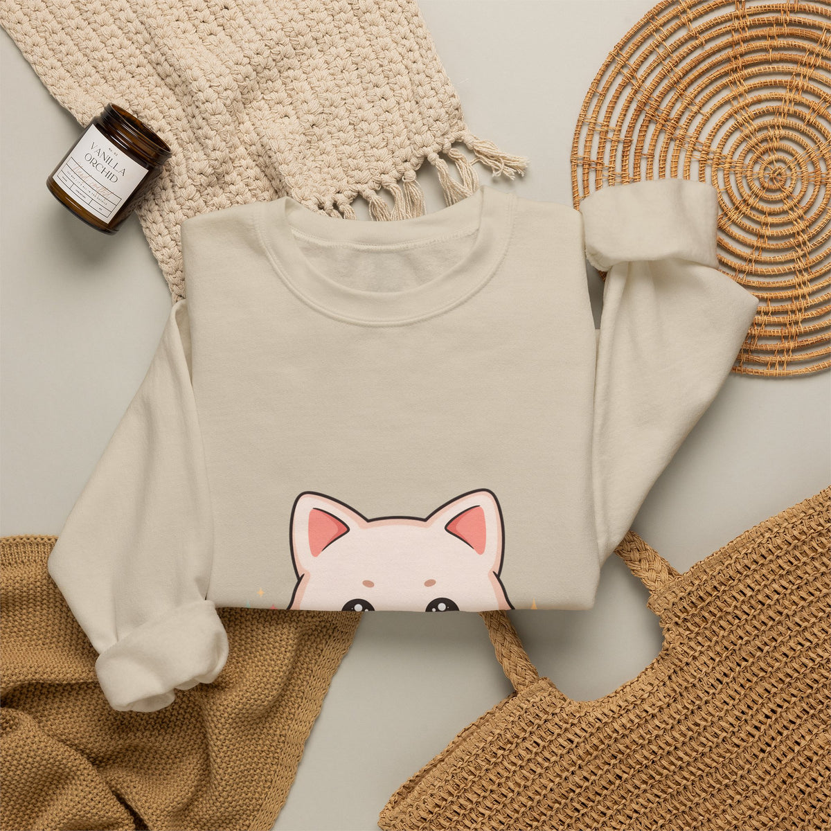 Kawaii Cat Sweatshirt, Cute Crescent Moon Kitten