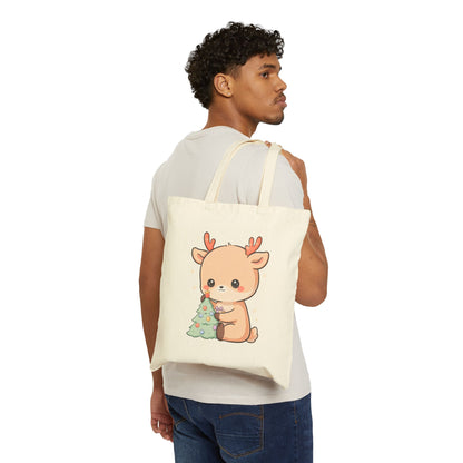 Kawaii Reindeer Christmas Tree Cotton Canvas Tote Bag