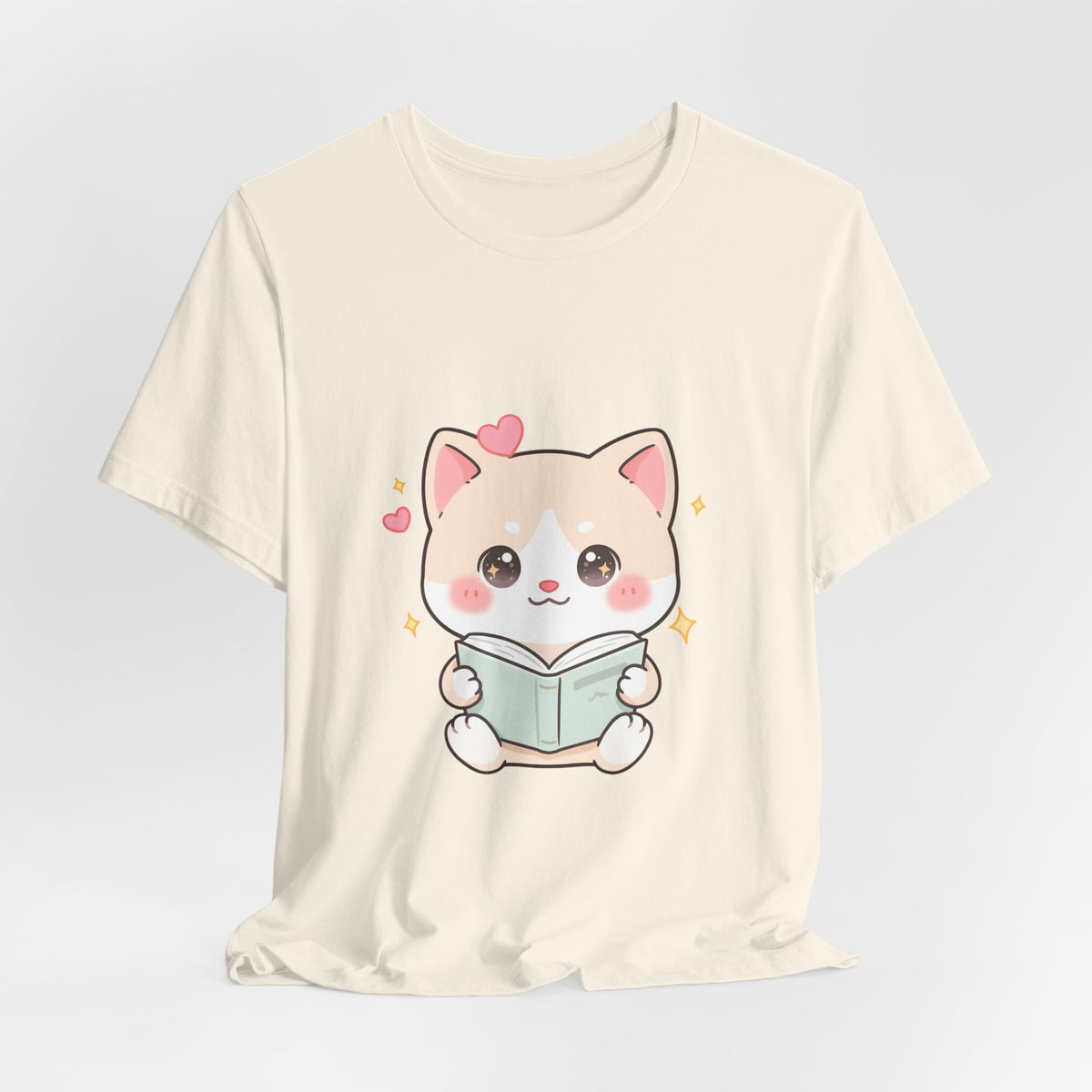 Kawaii Reading Cat T-Shirt for Book Lovers