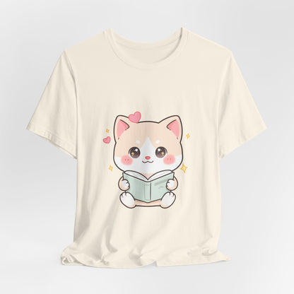 Kawaii Reading Cat T-Shirt for Book Lovers