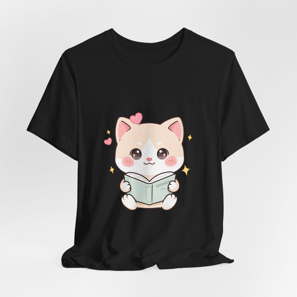 Kawaii Reading Cat T-Shirt for Book Lovers