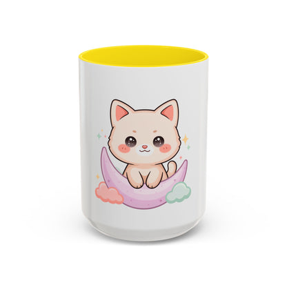 Kawaii Cat Moon Accent Coffee Mug, Cute Cat Lover Gift