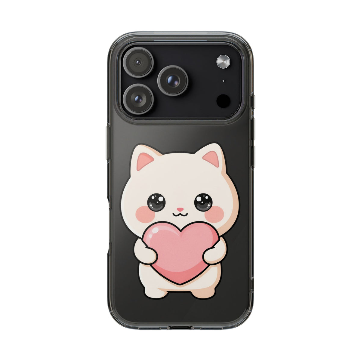 Kawaii Cat Phone Case with Heart, Clear Impact-Resistant
