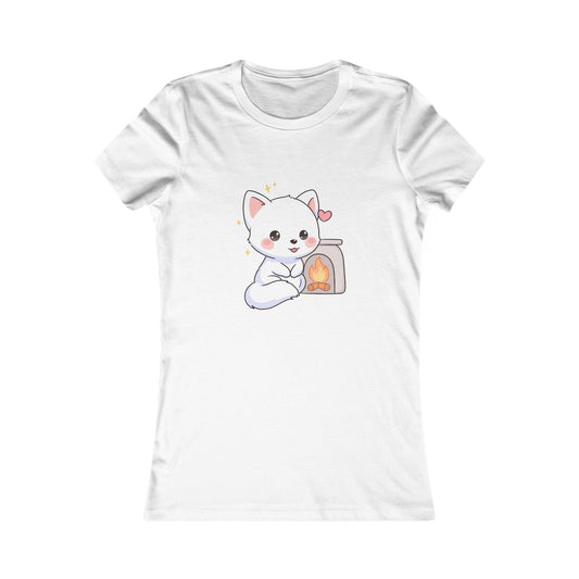 Kawaii Arctic Fox T-Shirt, Cozy Fireplace Animal Tee