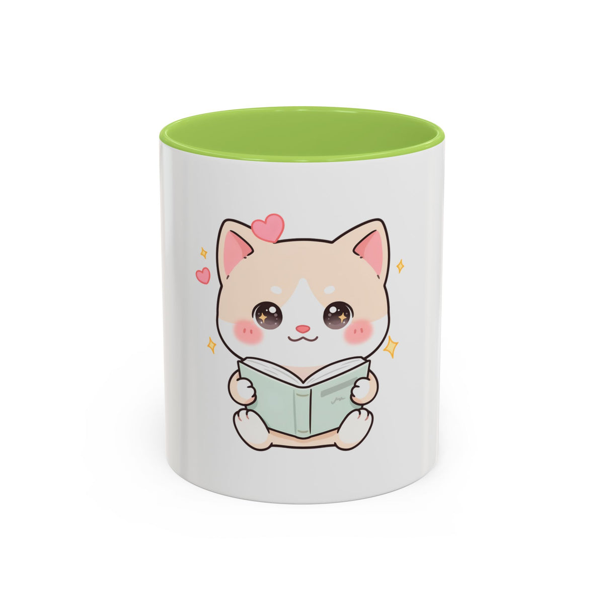 Kawaii Cat Reading Mug, Cute Book Lover Accent Coffee Mug