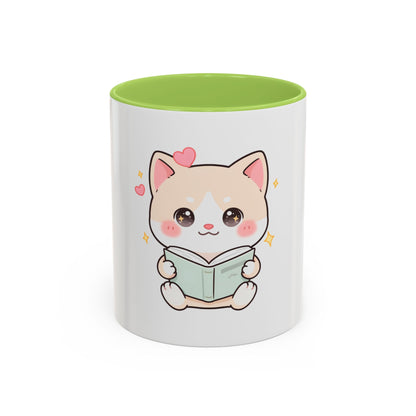 Kawaii Cat Reading Mug, Cute Book Lover Accent Coffee Mug