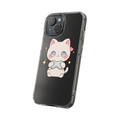 Kawaii Gamer Cat Clear Phone Case for Gaming Fans