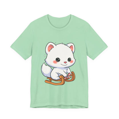 Kawaii Arctic Fox Sledding T-Shirt, Cute Unisex Tee