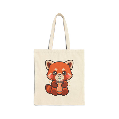 Kawaii Red Panda Bubble Tea Cotton Canvas Tote Bag