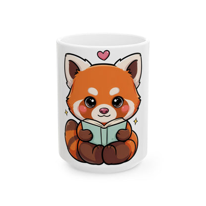 Red Panda Reading Mug, Cute Kawaii Ceramic Coffee Mug