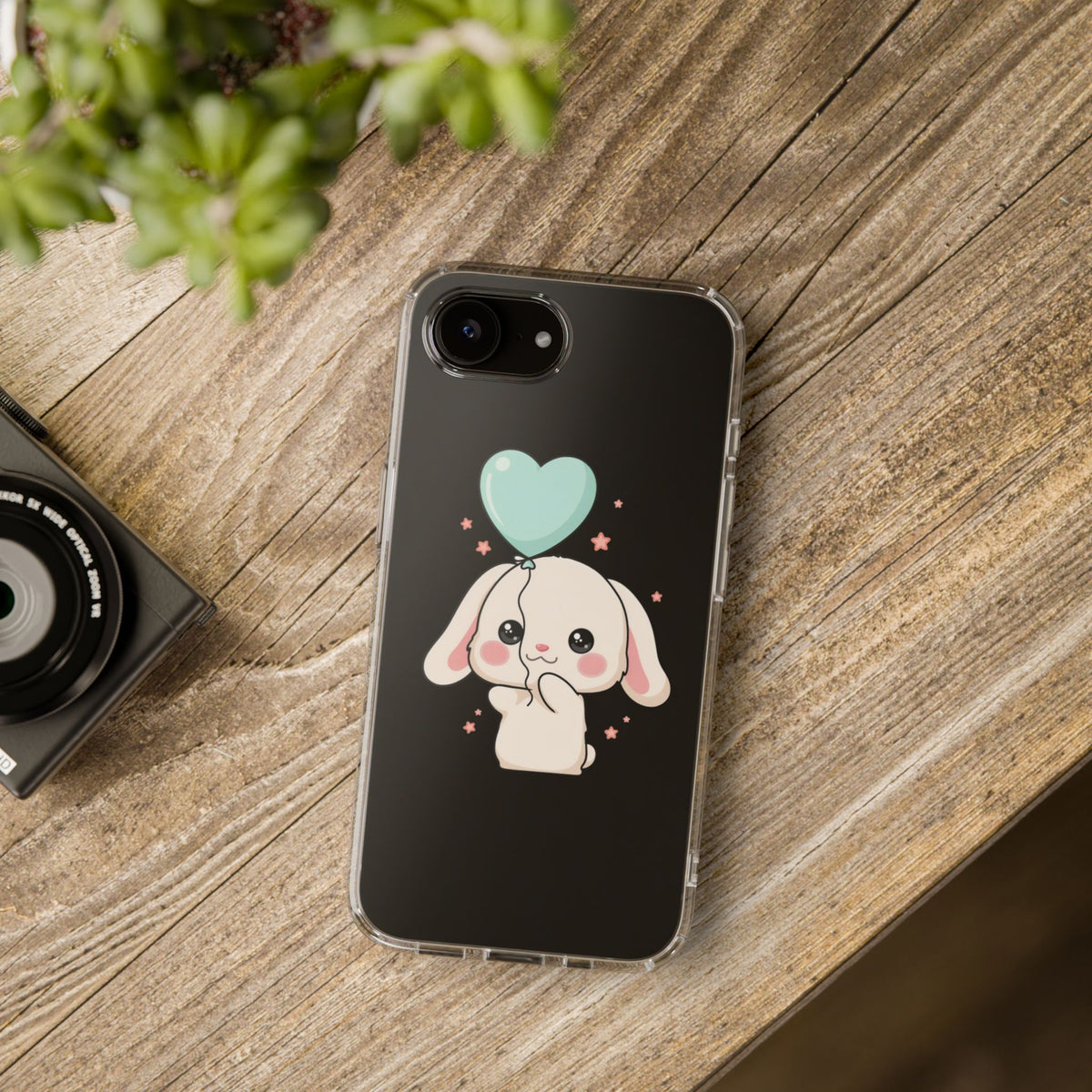Kawaii Bunny Phone Case with Balloon, Clear Impact-Resistant
