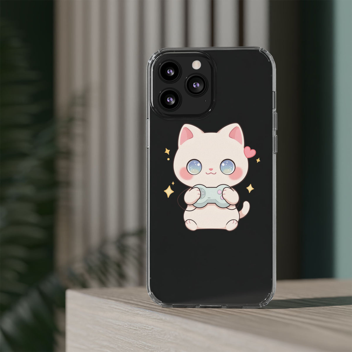 Kawaii Gamer Cat Clear Phone Case for Gaming Fans