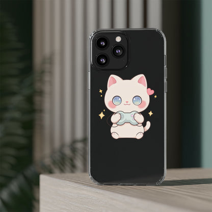 Kawaii Gamer Cat Clear Phone Case for Gaming Fans