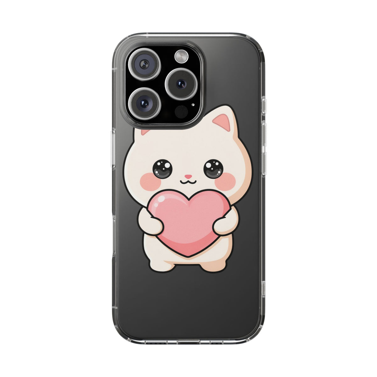 Kawaii Cat Phone Case with Heart, Clear Impact-Resistant